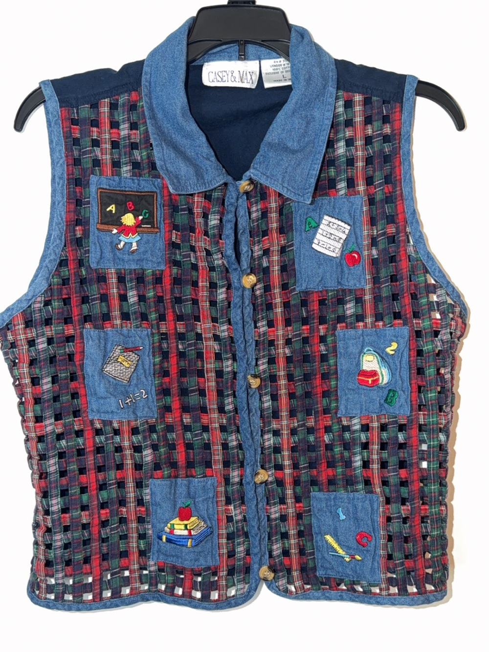 Vintage back to school Multicolor Plaid Patchwork Denim-Trim teacher Vest